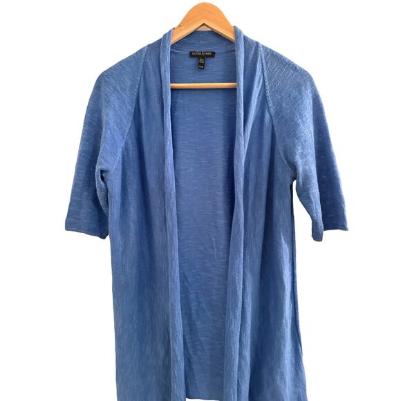 Eileen Fisher Blue Slub Linen Blend Cardigan Short Sleeves PS Coastal Beachy - Picture 2 of 6